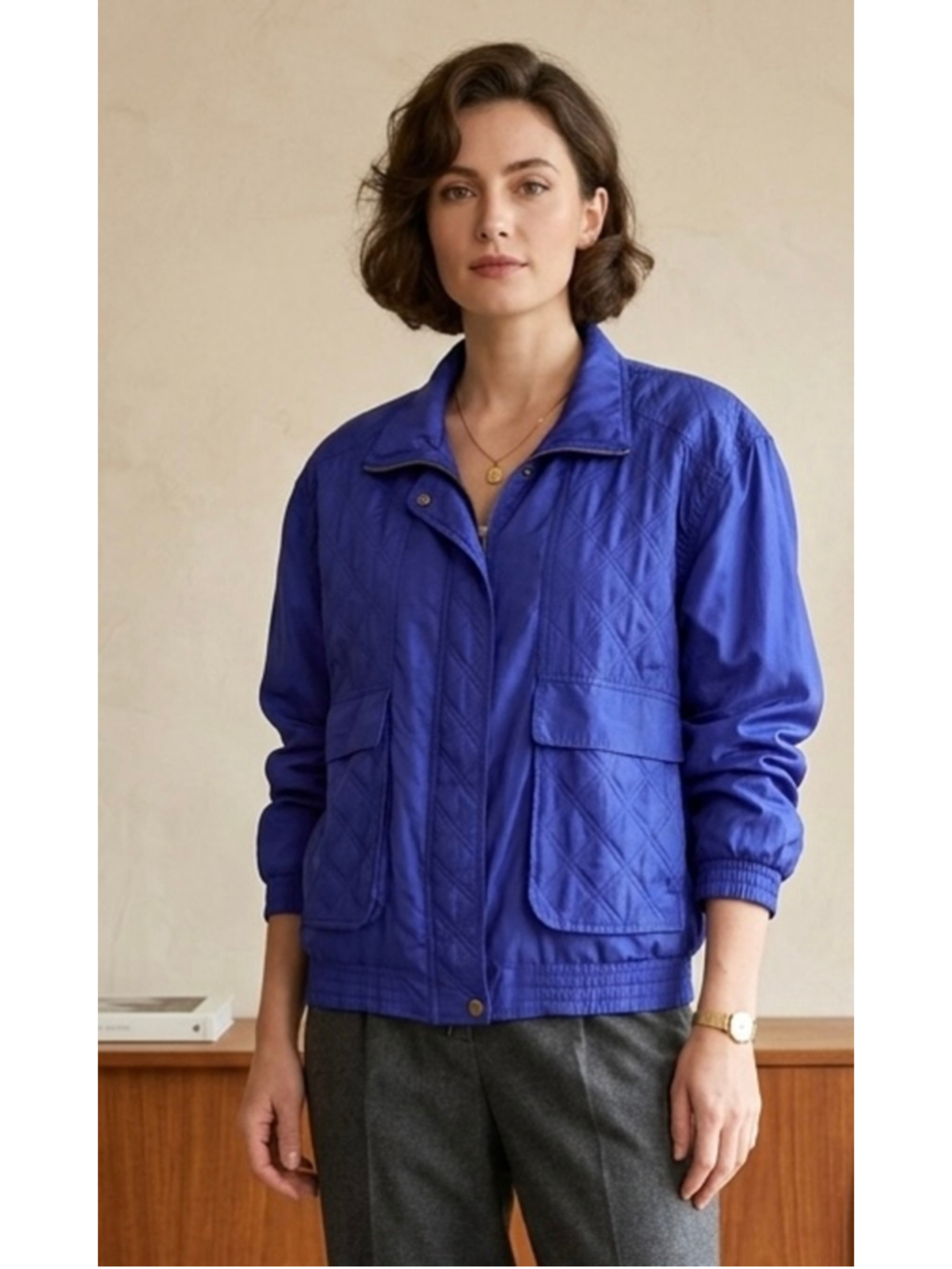 Vintage Lavon Royal Blue 100% Silk Quilted Bomber Jacket - Size Large
